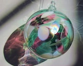 Large Hand Blown Glass Spirit/ Friendship/Witch Ball Green and Pink Iridized Twist