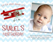 AIRPLANE INVITATION Birthday Party with photo and chevron pattern Vintage Airplane Printable