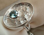 Sterling Silver Blue Zircon Ring Large Oval Cuttlebone Cast
