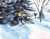 Landscape Watercolor Painting Reproduction Snow