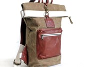 Roll Top Sack - Sage Canvas and Brown Leather