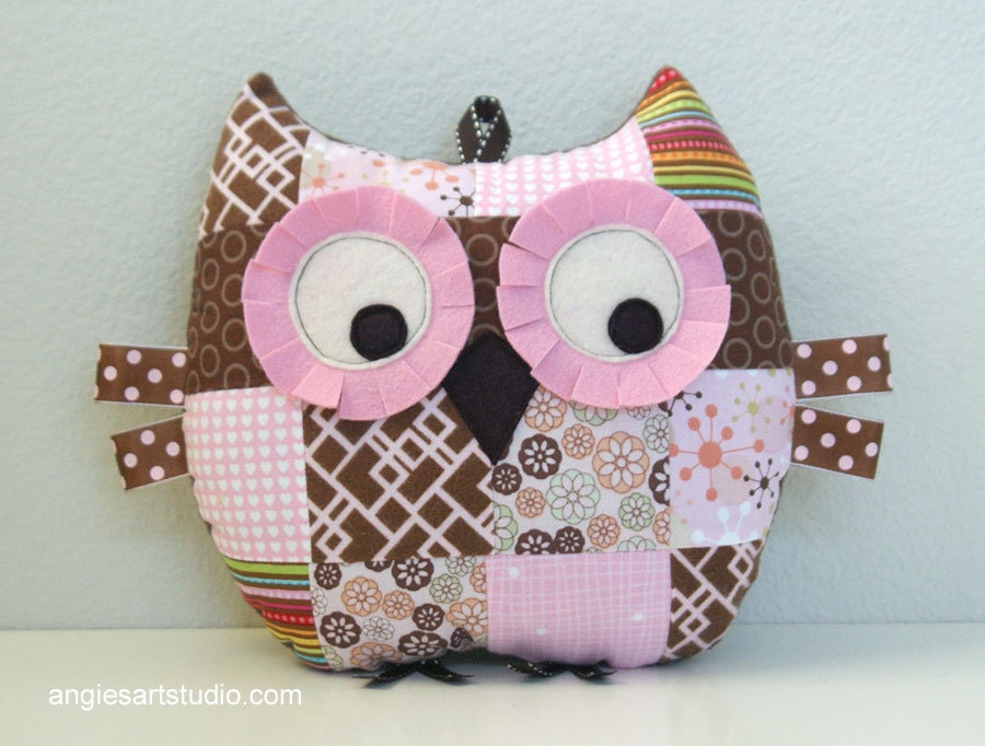 Medium Patchwork Owl Pillow Plush Stuffed Toy for Baby Girl - Pink and Brown