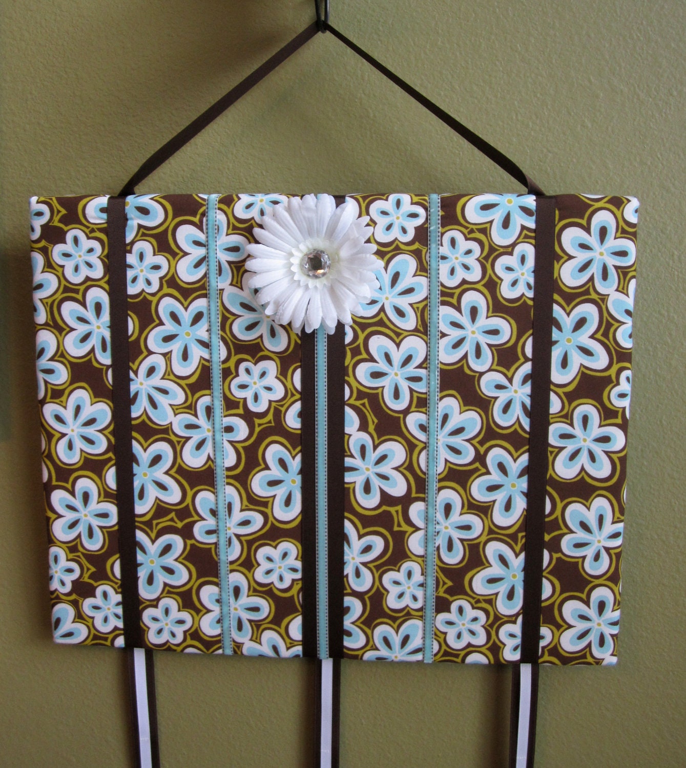 Hair Bow Board Organizer: Brown and Blue Flower Print with Headband Holders (16 x 20)