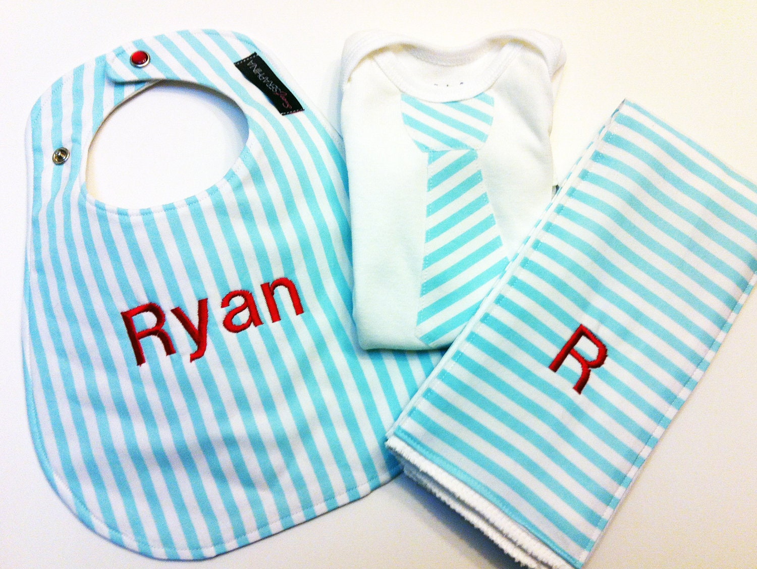 Boy Gift Set - Monogrammed Bib, Monogrammed Burp cloth & Tie Onesie - Etsykids Team - Blue and White Stripes