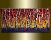Original Birch Forest Landscape Tree Painting Textured Palette Knife Oil on Canvas Contemporary Modern Art Seasons 18X36 by Willson Lau