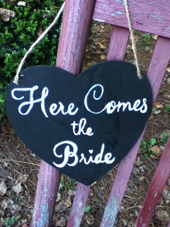 Double-sided Chalkboard Heart w/ Here Comes the Bride & Just Married Wedding Sign in Script Font Ring Bearer Flower Girl or car sign