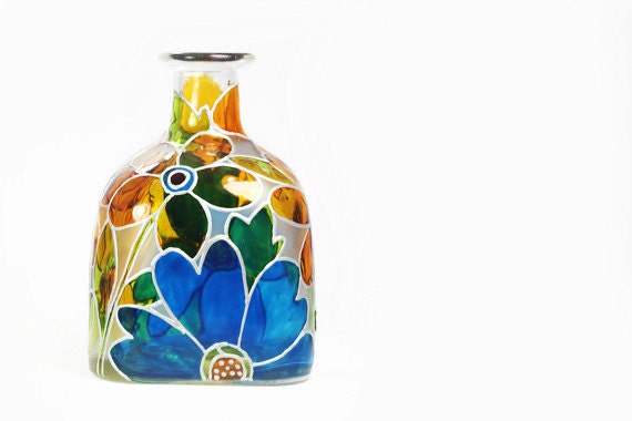 Hand Painted "Patron" Bottle Glass Bottle White Yellow Blue Flowers Abstract Retro Home Decor Decorative Glass Art