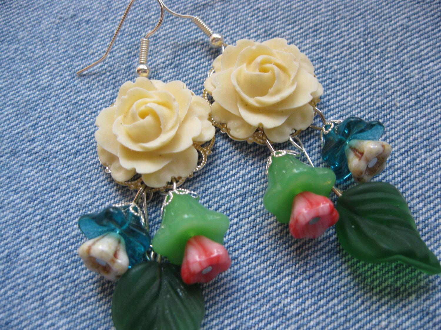 Yellow Rose Earrings with Silver -Springtime  Dangle of Small Flowers