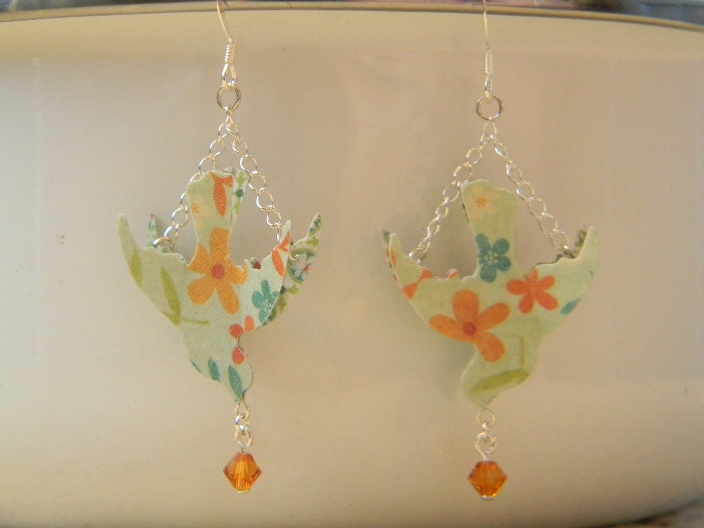 Paper Bird Earrings - Paper Doves Hanging from Chain with Swarovski Crystals