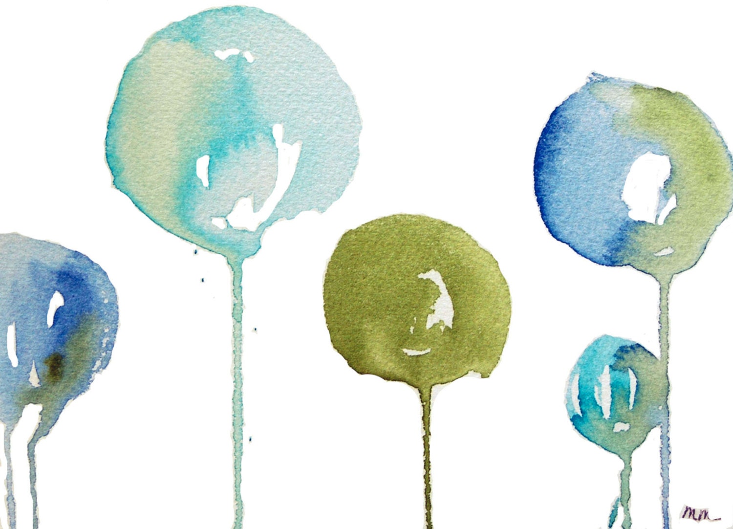 ORIGINAL Abstract Watercolor. Teal, blue, olive green 5" x 7"