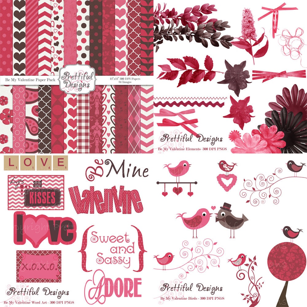 Valentine Digital Scrapbooking Kit Papers Frames Clip Art Be My Valentine Kit 1 (203) (126) (215) (213) Il_570xn