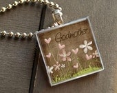 Pink Flower Godmother Mom Grandmother (028) Pendant Necklace with Glass Tile