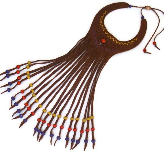 Rust Brown Suede Choker Fringe Wood Bead work in Yellow Purple Orange beads with Woven Detail