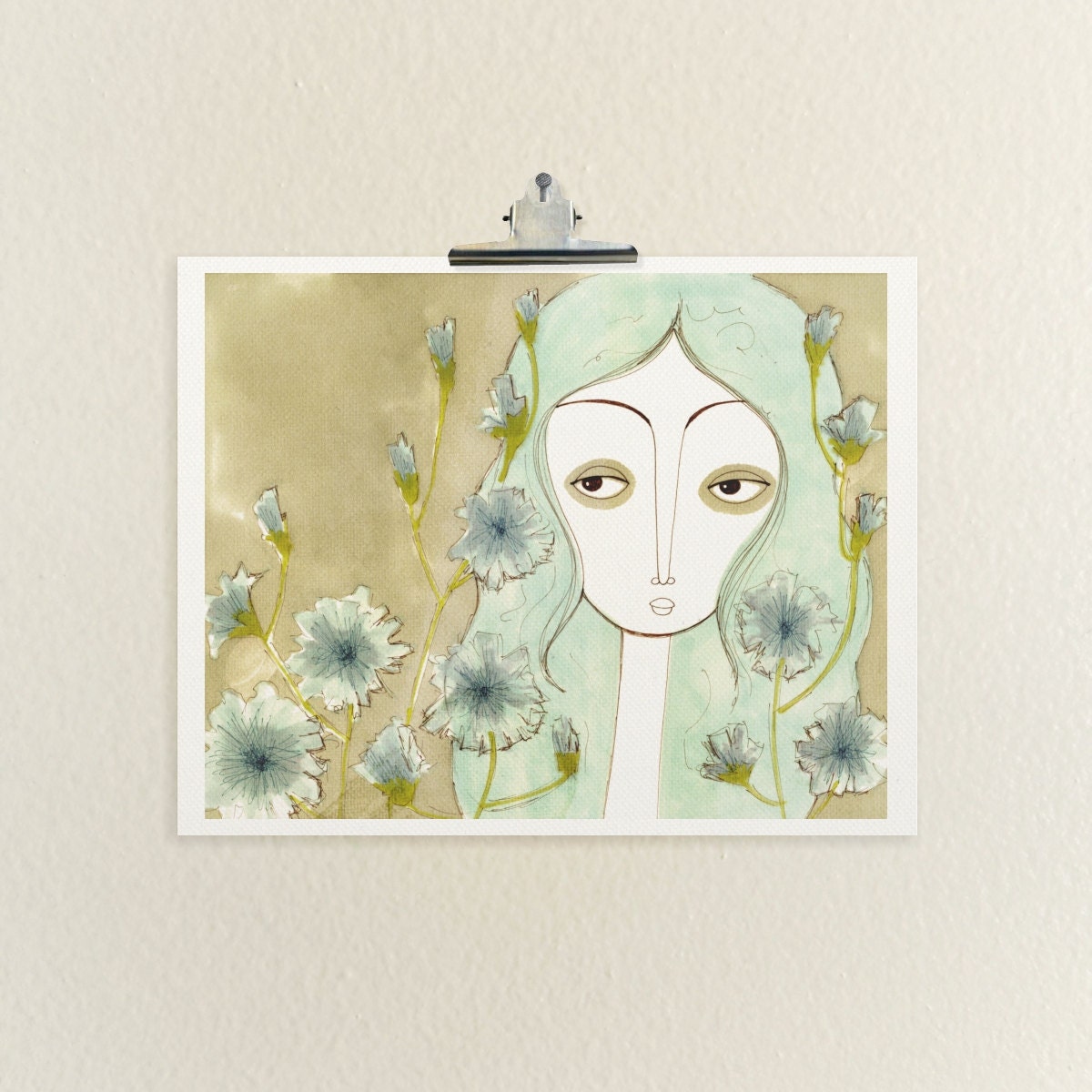Chicory Girl No.1 8x10 / Illustration Print, Botanical, Flowers, Giclee Reproduction, Digital Print, Girl Portrait, Cornflower Blue, Mint