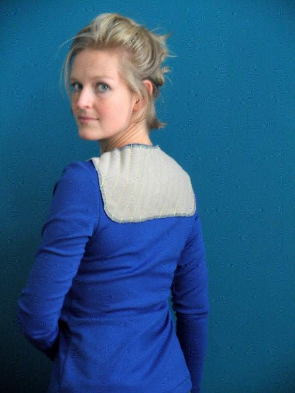 cobalt blue long sleeve with neon yellow stitching