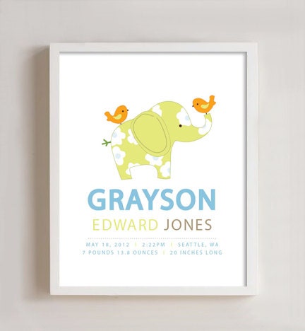 Personalized birth print - elephant 8x10