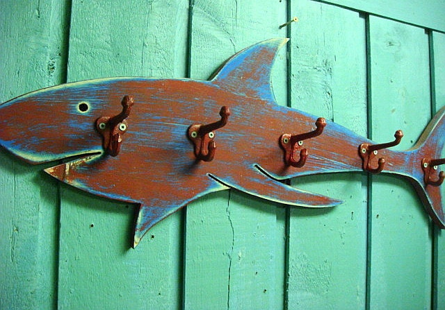 Shark Coat Rack Red Blue Beach House Decor Wall Art With 5 Hooks