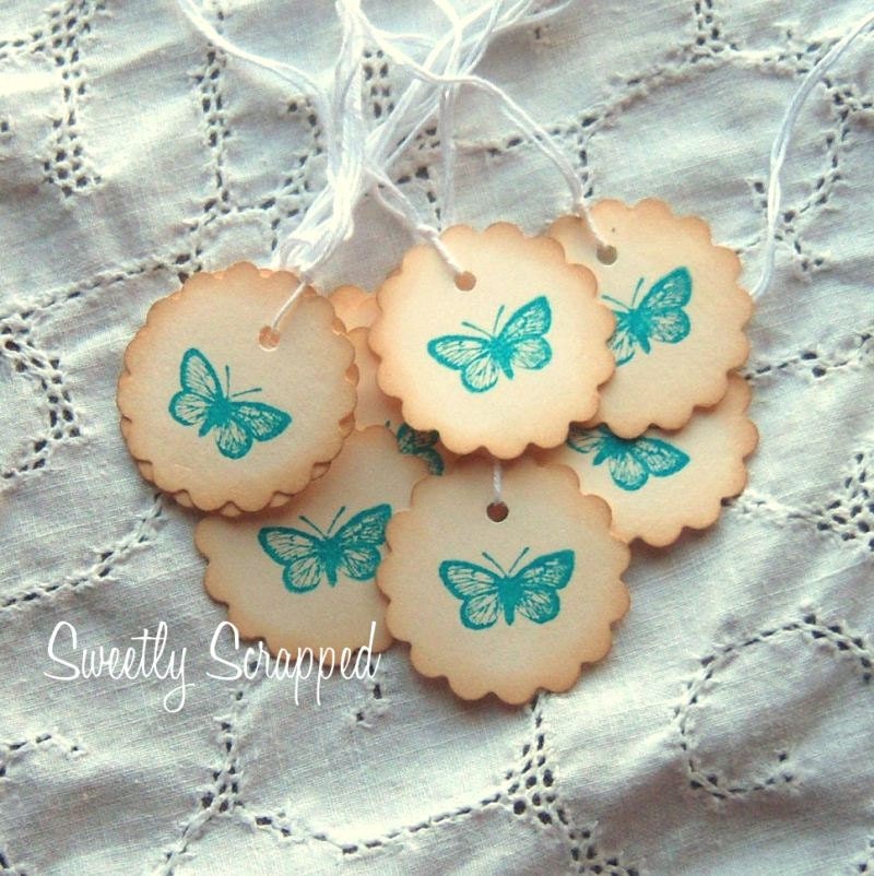 BUTTERFLY Hang Tags - Teal Aqua Turquoise Blue, Scalloped Circle, Hand Aged, Vintage Inspired 12