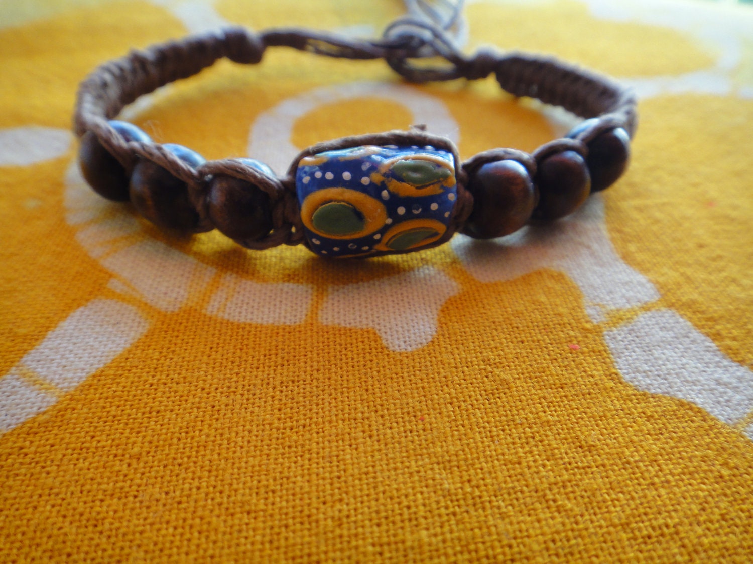 African Glass and  Wood Bead Hemp Bracelet / Anklet