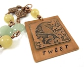 Bird Necklace Etched Copper Pendant Stamped Tweet Blue Amazonite Yellow Jade Stone - ATwistOfWhimsy
