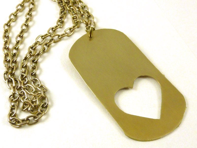 Dog Tag Necklace Long Brass Heart Cut Out