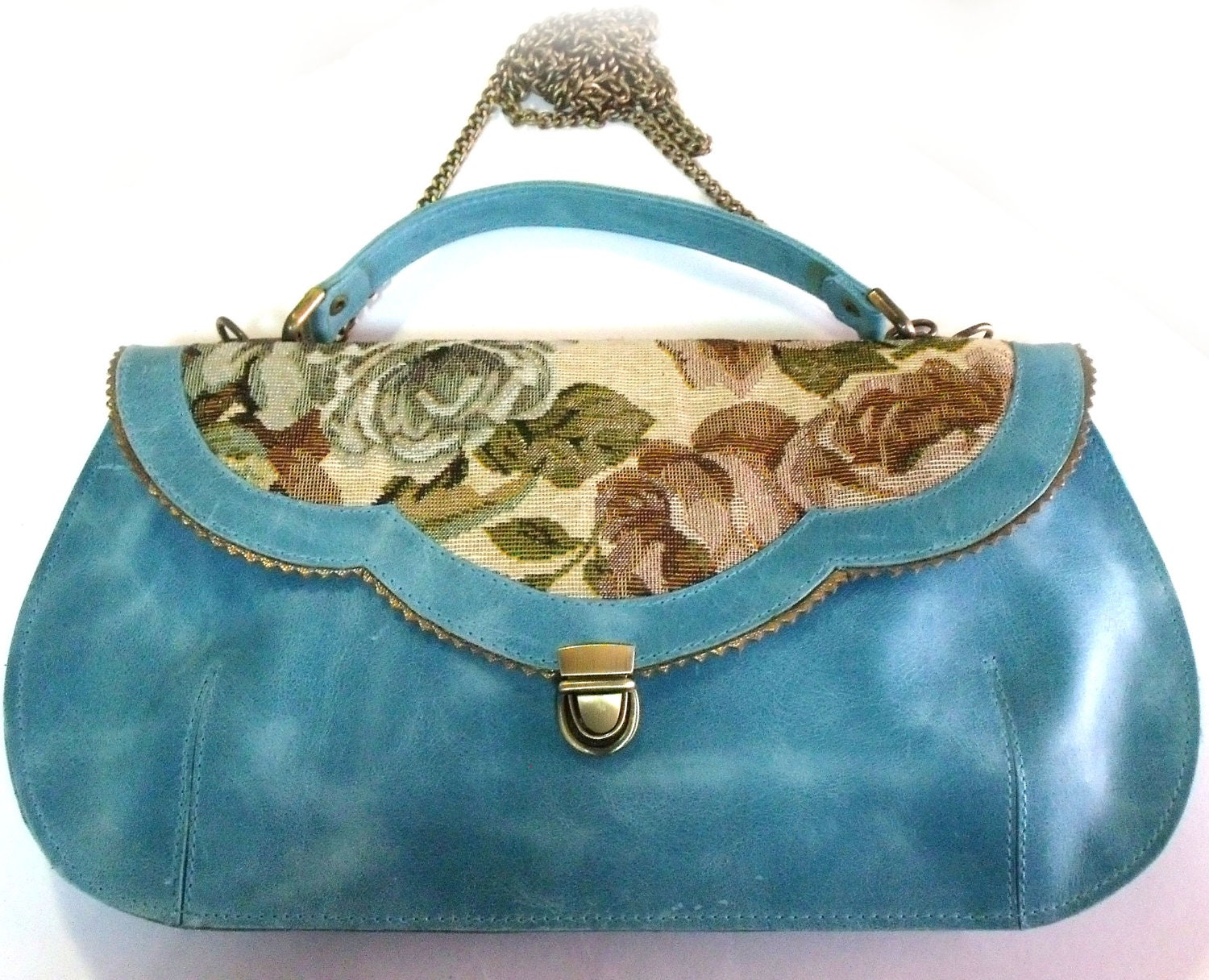 Holiday Sale - Light blue  leather purse with flowers