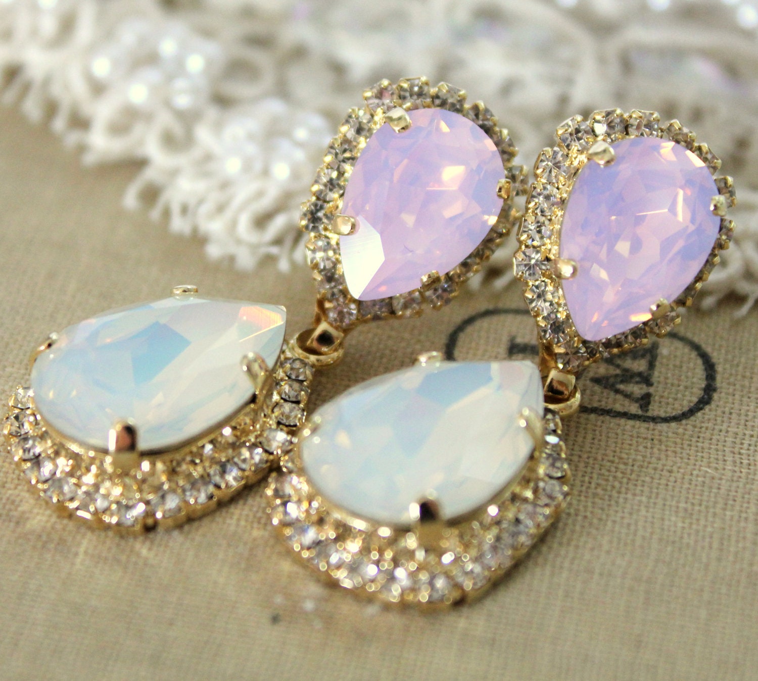 Crystal opal earring - 14k plated gold  earrings real swarovski opal and  Turquoise rhinestones .