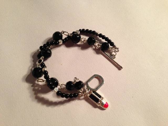 Black Bracelet Double Strand Lipstick Charm Jewelry Silver Jewellery Lipstick Charm Red Handmade Unique Gift Fashion