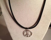 Peace Sign Necklace Leather Necklace Silver Jewelry Black Pendant Anti War Chain Extend Handmade