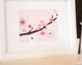 8x10 Two Birds on a Cherry Blossom Branch - Pink, Sage green, and Brown - girls room decor - baby girl