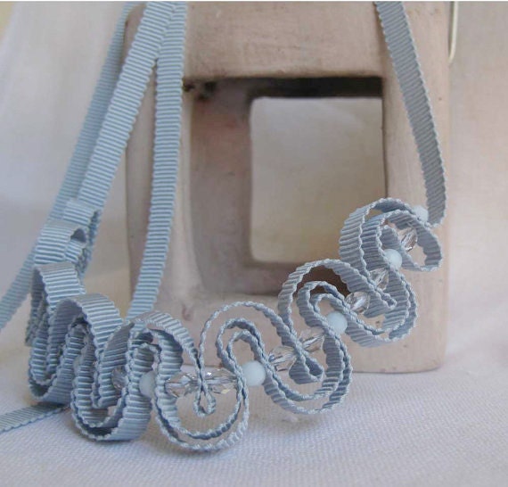 Palest blue grey grosgrain necklace with clear glass and milky white quartz beads