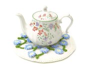 Crochet flowers coaster hot pad doily table mat place mat crocheted floral teapot stand with forget me nots