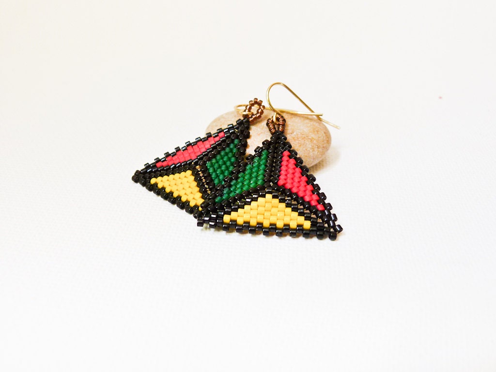Jamaica. Geometric dangle earrings. Neon yellow, red, green triangle shapes, seed beads jewelry