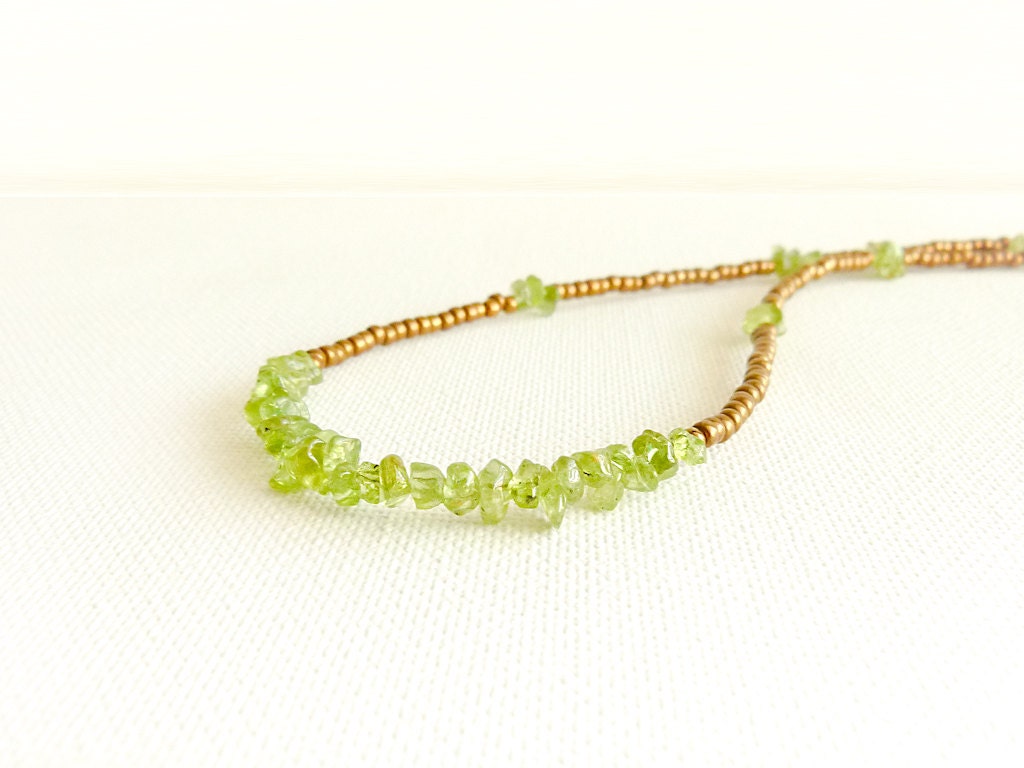 Peridot jewelry Green bronze simple beaded necklace layer vintage look August birthstone