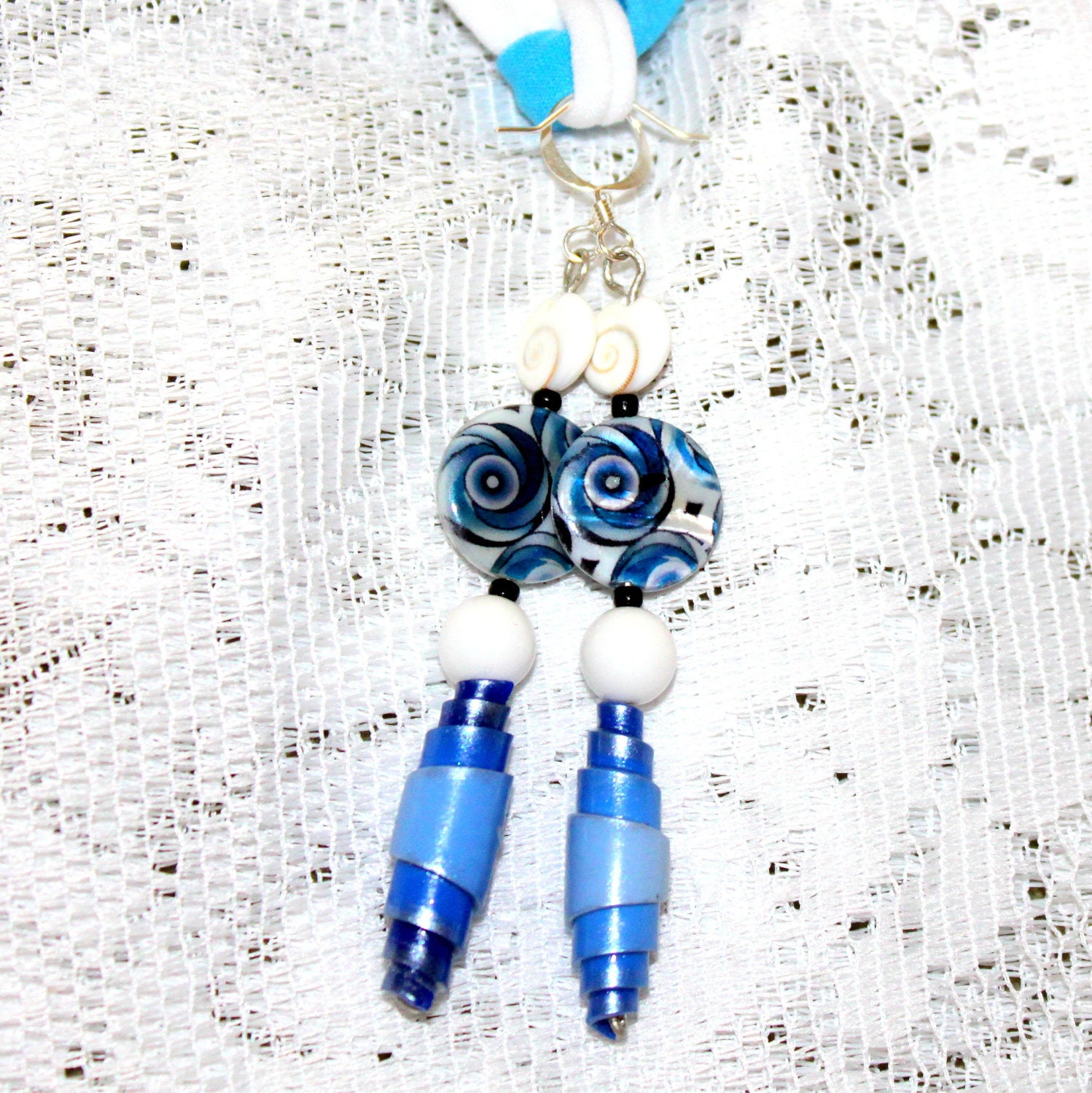 blue white beaded swirl earrings - polymer clay dangle unique