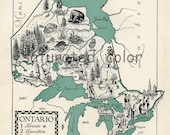 Ontario Canada Map Art - High Res DIGITAL IMAGE of a 1940s Vintage Picture Map - Instant Art - Teal Turquoise Black Cream - Charming & Fun