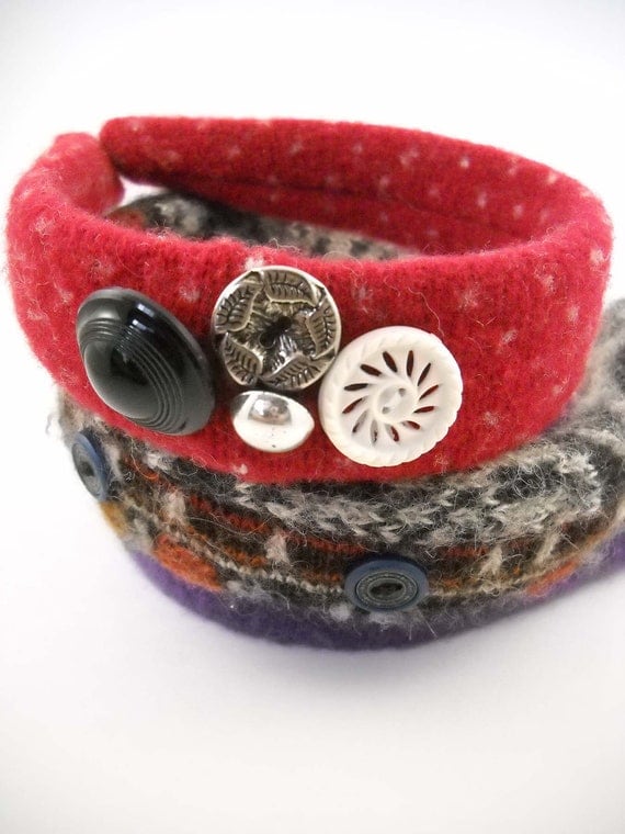 Red Felted Wide Headband: Vintage Buttons, Felted Wool, Wool Felt, Repurposed Sweater