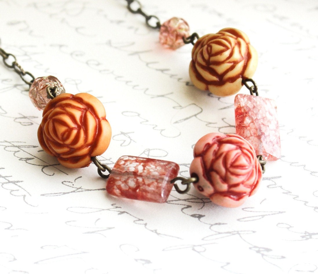 Rose Necklace, Salmon Pink Peach, Golden Yellow, Pumpkin Orange, Autumn Colors, Fall Jewelry, Flower Necklace, Glass Bead, Lucite Bead