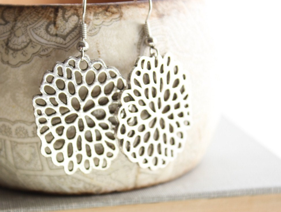 Bubble Dangle Earrings Modern Fashion Drop Earrings Antique Silver Dahlia Abstract Floral Nickel Free Metal Lace Filigree Statement jewelry