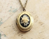Oval Locket Necklace, Ivory Flower, Black Cameo Pendant, Antique Brass, Resin Cameo, Vintage Style Photo Locket, Secret Hiding Place