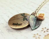 Picture Locket Necklace, Rose Charm, Verdigris Leaf, Patina Pendant Long Dragonfly Photo Locket Secret Hiding Place Momentos Memory Keeper