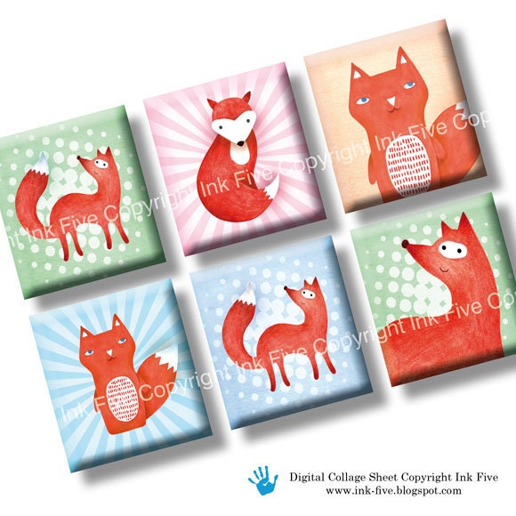 Woodland Fox scrabble tile images 0.75x0.83 inch. Two 4x6'' Collage Sheets for scrabble pendants. Forest animals digital download