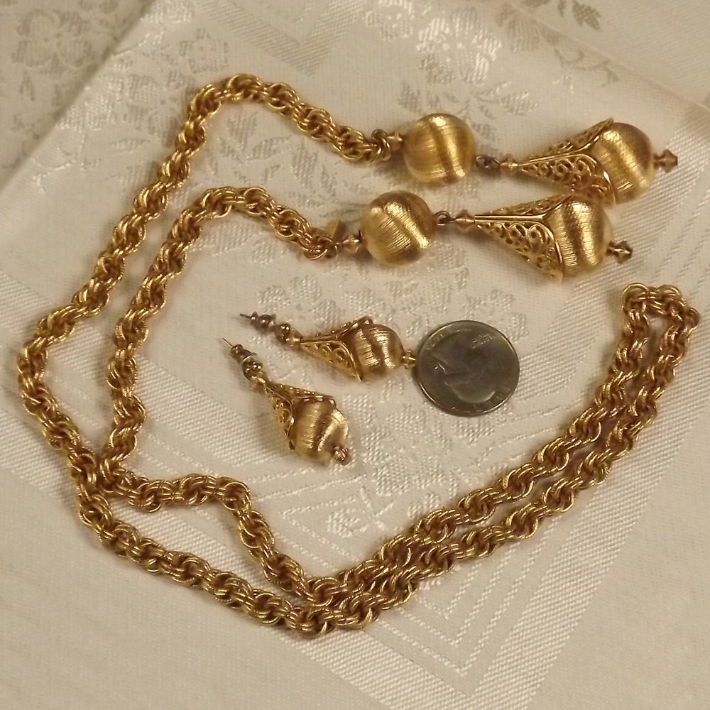 Vintage Necklace Earrings Chunky Monet Gold Tone Sautoir