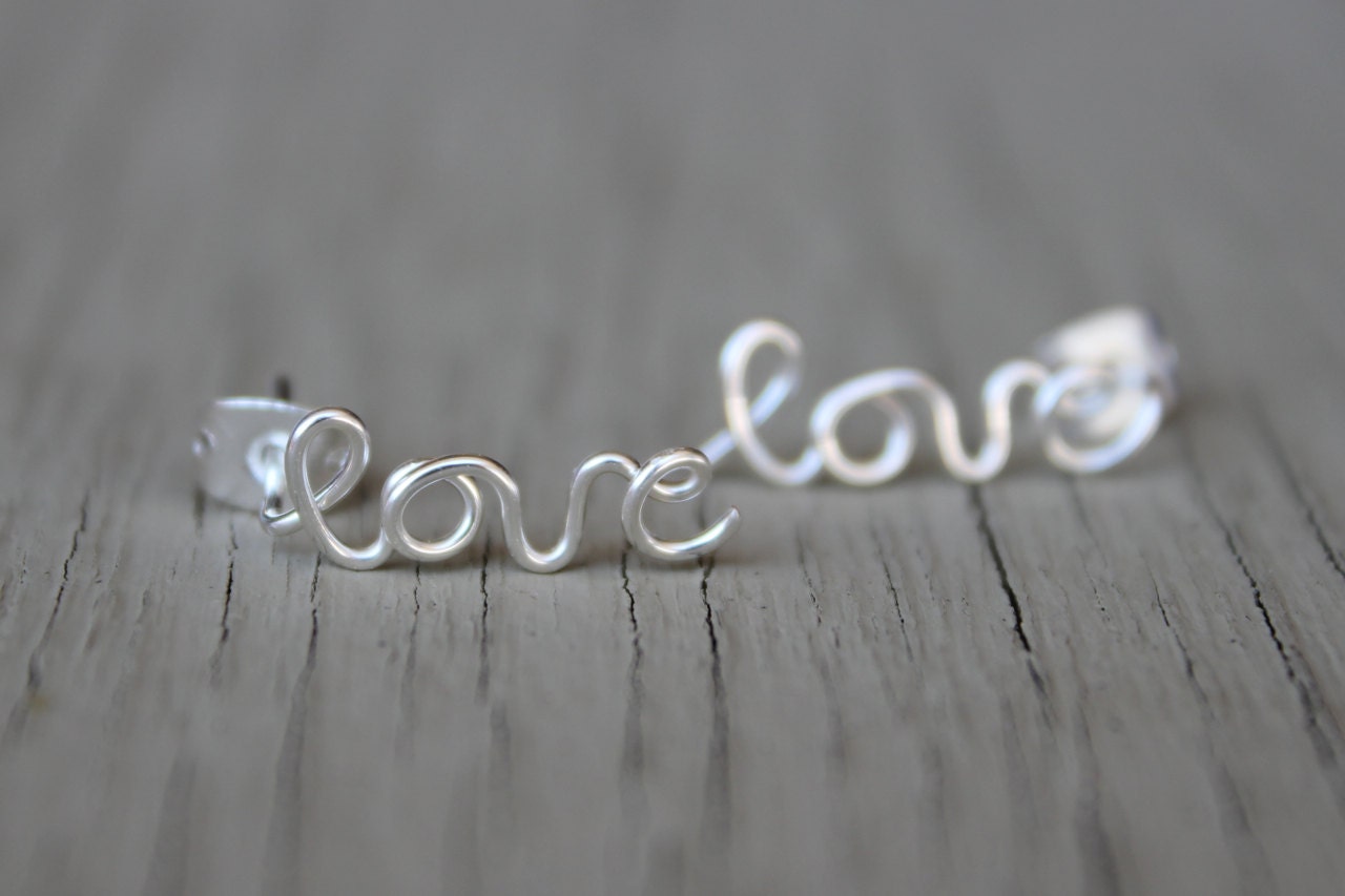 Love Earrings : Sterling Silver Plated Love Stud Earrings, Cartilage, Pair, Word, Handwritten, Cursive, Affirmation, Ear Cuff