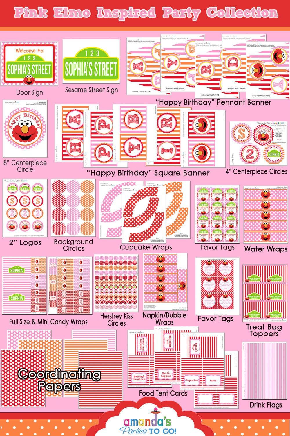 Elmo Birthday - SALE - Elmo Party Printable Set - Pink Version inspired by Sesame Street - by Amanda's Parties To Go
