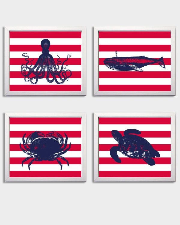 Nautical Nursery Red Navy Stripes Ocean Sea more colors available set of 4 each 8x10