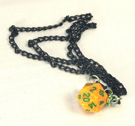 Dice Necklace Yellow with Orange Speckled D-20 Gamer Geek Nerd Jewelry