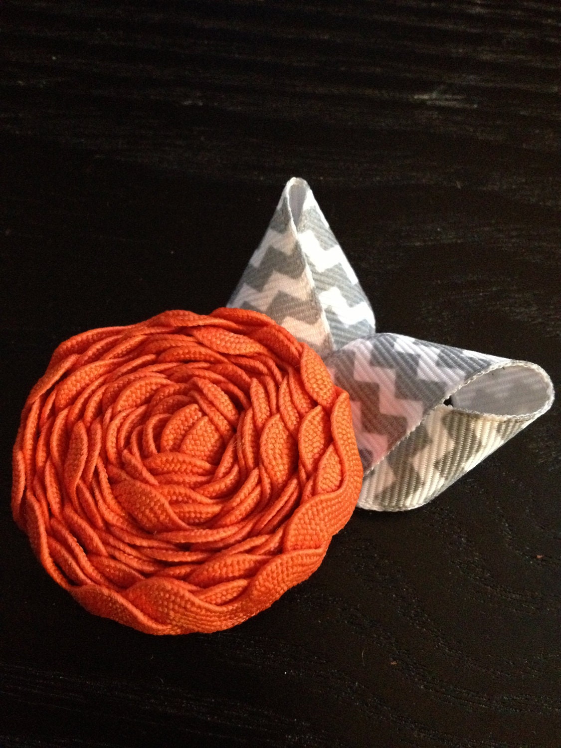 Orange Rickrack  and Gray Chevron Flower Hair Clip 