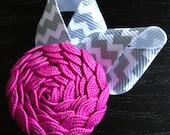 Fuschia Pink Rick Rack Flower Rosette Hair Clip with Gray Chevron Petals
