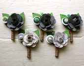 Paper Flower Boutonniere, Wedding, White, Grey, Book Page, Music Note, Rose